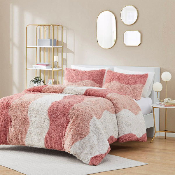 English Elm Twin/Twin Cassie Ombre Shaggy Faux Fur Comforter Set – Tonal Wave Stripe, Reversible Blush, Hypoallergenic Dustproof B035129807