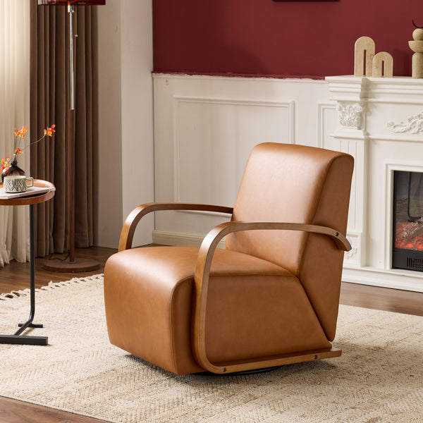 English Elm single-person ergonomic swivel leisure sofa chair in antique brown faux leather with casters and lumbar support W3248P354244