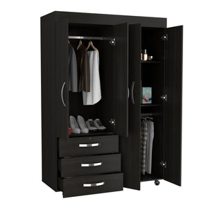 English Elm Hamilton Mobile Armoire with 4 Doors, 3 Drawers, Dual Hanging Rods and Multiple Shelves for Organized Storage and Durable Engineered Wood Finish Black 70.47 L x 23.23 W x 4.33 H B097S00229