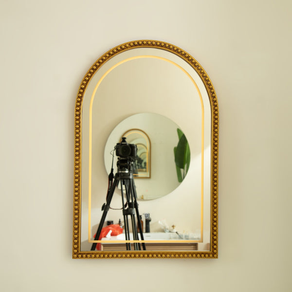 English Elm 20'' Avri Mirror - Golden Beaded Arch LED Vanity Mirror with 3 Color Temperatures for Stylish Rooms W2615P346499