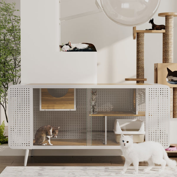 English Elm 55.12 Spacious Cat House with Tempered Glass, Fir Wood & Iron Frame, Modern White for Living Areas W757P173275