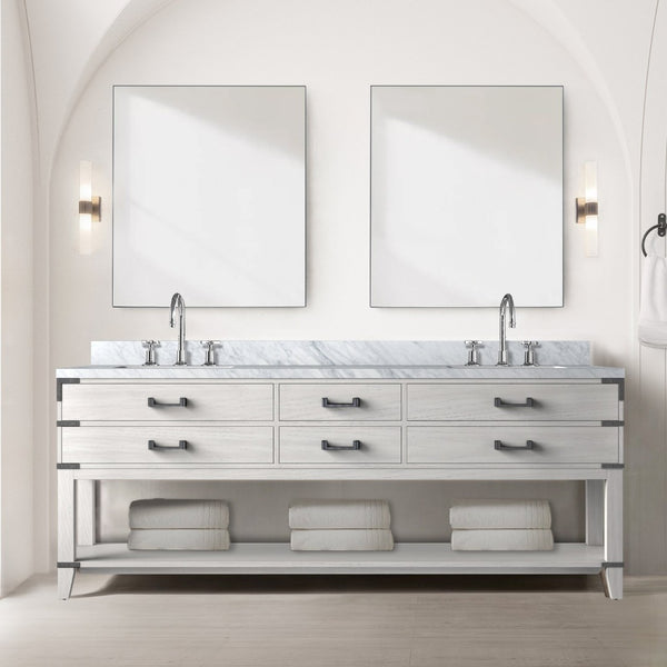 English Elm White Oak Double Bath Vanity With Carrara Marble Top, Chrome Faucets & 36-Inch Mirrors For Elegance B2731S01917-GIGA