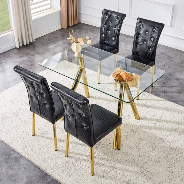 English Elm 51-inch Tempered Glass Rectangular Dining Table Electroplated Metal Base Open Plan Gold W3875S00003