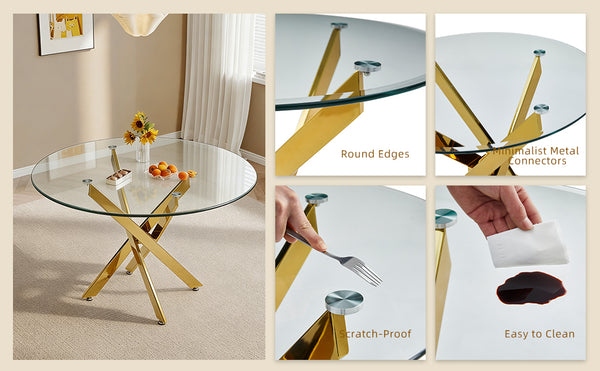 English Elm Modern Round Tempered Glass Dining Table with Glam Gold Iron Base for Compact Spaces Golden W3590S00009
