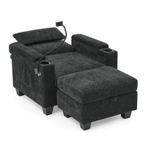 English Elm Single Chenille Manual Recliner with Usb Port Hidden Storage Ottoman and Cup Holders Black W487P423649
