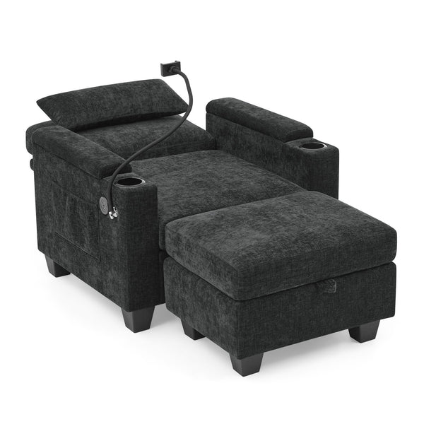 English Elm Single Chenille Manual Recliner with Usb Port Hidden Storage Ottoman and Cup Holders Black W487P423649
