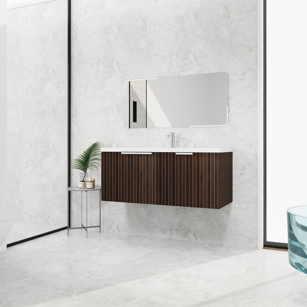 English Elm 48 Inch Silver-Brown Stripe Vanity with Resin Sink, Wall-Mounted 3-Door Storage, Soft-Close Hinges W999P206328