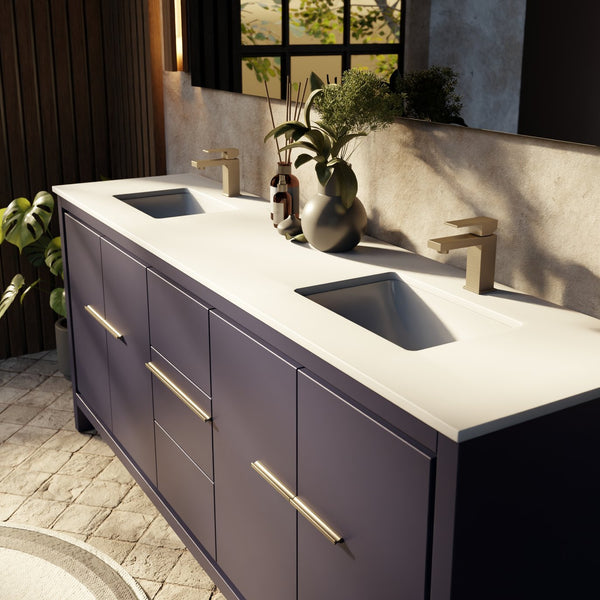 English Elm Navy Double Bath Vanity 80" W With White Quartz Top & 70" Mirror - Elegant Storage Solution! B2731S01504