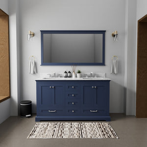 English Elm Navy Double Bath Vanity 60" W x 22" D with Carrara Marble Top, Chrome Faucets, 58" Mirror — Durable B2731S00983