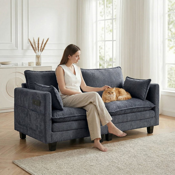 English Elm Modern Chenille Three Seat Sofa with Ottoman Usb Charging Ports and Storage Pockets Blue W2519S00004