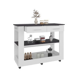 English Elm Hardy Rolling Kitchen Island with Two Drawers Open Shelves and Melamine Work Surface B097P474257