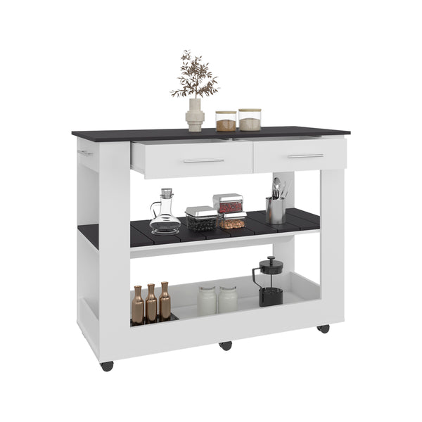 English Elm Hardy Rolling Kitchen Island with Two Drawers Open Shelves and Melamine Work Surface B097P474257