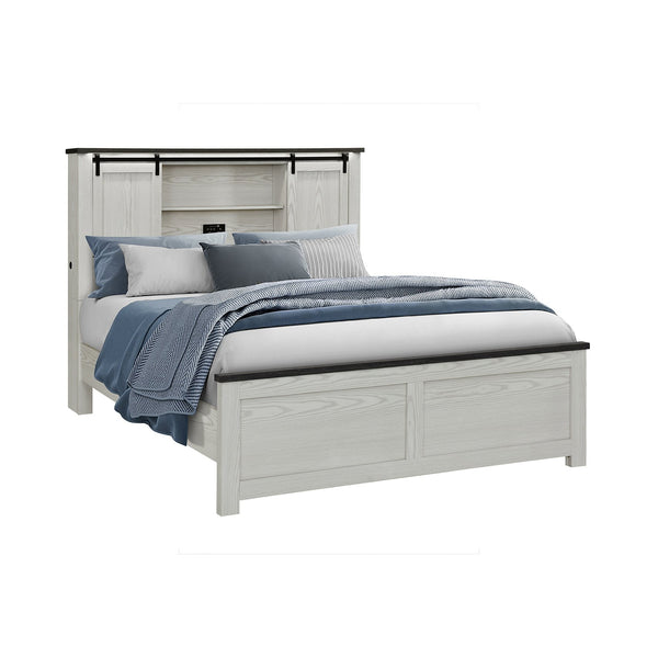 English Elm Avery Solid Wood Bed with Bookcase Headboard and Black Bar Accent, Low Profile Sturdy Frame Queen Beige B201S00402