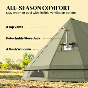 English Elm Outdoor Canvas Teepee Tent for Family Camping with Stove Jack All Season Use T3971P486614