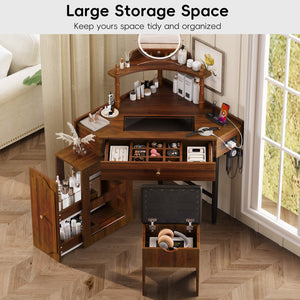 English Elm Corner Vanity Desk Set with Stool Charging Station Glass Top Pull-Out Cabinet Jewelry Organizer Walnut 35.82 L x 32 W x 8 H N733P336237D