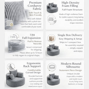 English Elm Full Foam Corduroy Single Seat Lounge Sofa with Lumbar Pillows for Small Spaces Grey W3326P350900