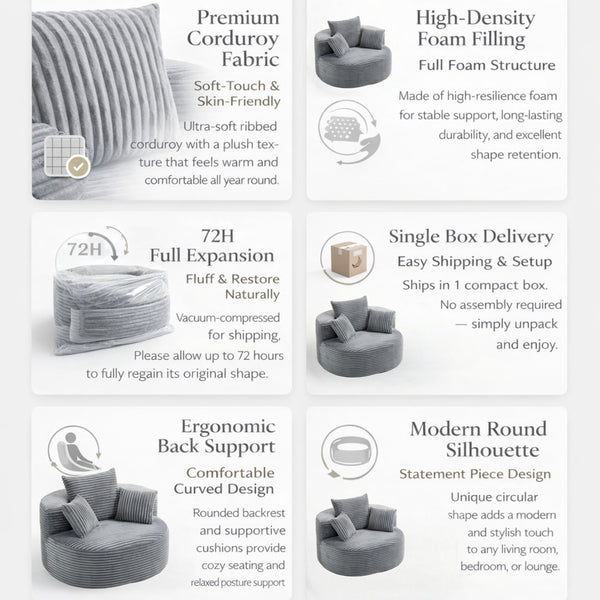 English Elm Full Foam Corduroy Single Seat Lounge Sofa with Lumbar Pillows for Small Spaces Grey W3326P350900