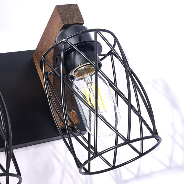 English Elm 4-light Industrial Farmhouse Vanity Bar Wood Backplate Matte Black Cage Bathroom Sconce T3963P458304