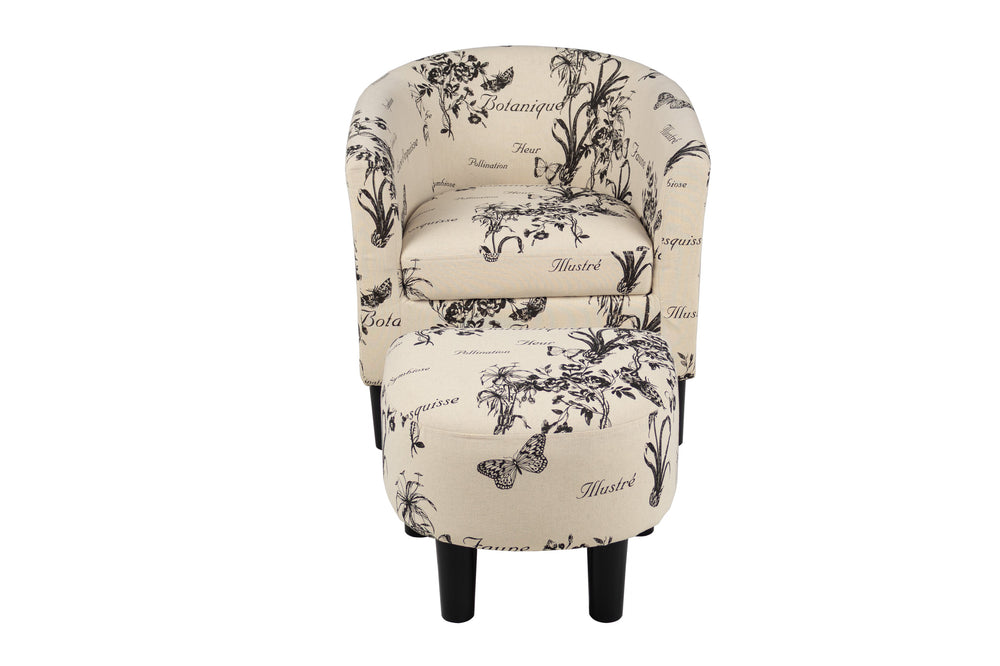 English Elm Accent Chair and Ottoman Set Botanical Script Print Barrel Back with Tapered Legs B089P416565