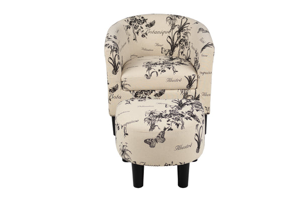 English Elm Accent Chair and Ottoman Set Botanical Script Print Barrel Back with Tapered Legs B089P416565
