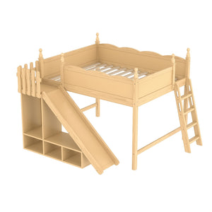 English Elm Queen Solid Pine Loft Bed with Wardrobe Shelves Detachable Slide and Dual Sleeping Zones Natural W5305S00027