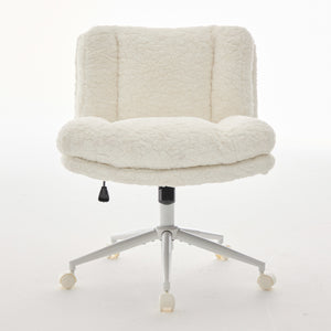 English Elm W26.4 Extra-Wide Faux Fur Office Chair with Metal Base, Ergonomic 360° Swivel, Adjustable Comfort Cream W1143P369105