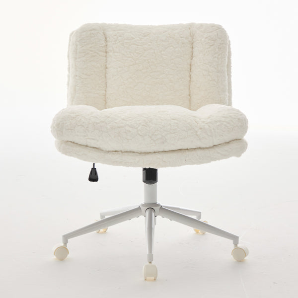English Elm W26.4 Extra-Wide Faux Fur Office Chair with Metal Base, Ergonomic 360° Swivel, Adjustable Comfort Cream W1143P369105