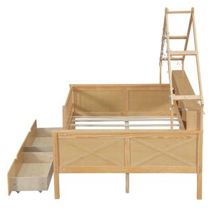 English Elm Wood Full Size Gaming Loft Bed with Integrated Desk, Shelves, LED Lighting & Hanging Clothes Rack Natural N7090001044N