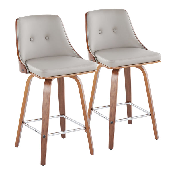 English Elm 26" Swivel Counterstools with Tufted Faux Leather Walnut Legs and Chrome Footrest Set of 2 B202S00307