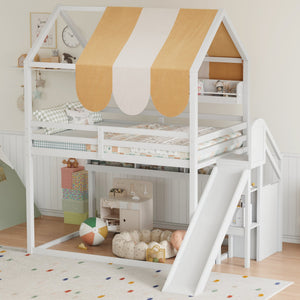English Elm Full Size Wood Loft Bed with Canopy Slide and Built in Bookshelves for Kids White N7090005021K