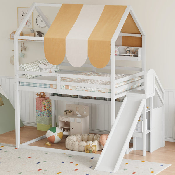 English Elm Full Size Wood Loft Bed with Canopy Slide and Built in Bookshelves for Kids White N7090005021K