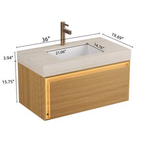 English Elm NYAH Floating 36" Bathroom Vanity with Sintered Stone Top, Ceramic Undermount Basin, LED Sensor Lighting and Soft-Close Drawer System Beige,Light Oak W2615S00369