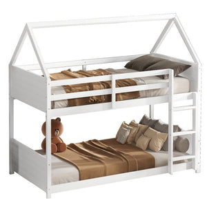English Elm Twin House-Style Twin Bunk Bed With Safety Guardrails, Ladder & Play Space – White Rubberwood Design W504P227972-GIGA