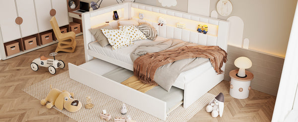 English Elm Upholstered Twin Platform Bed with Trundle, Linen Backrest, Built-In USB Ports & LED Accent Lighting White DL001919AAK