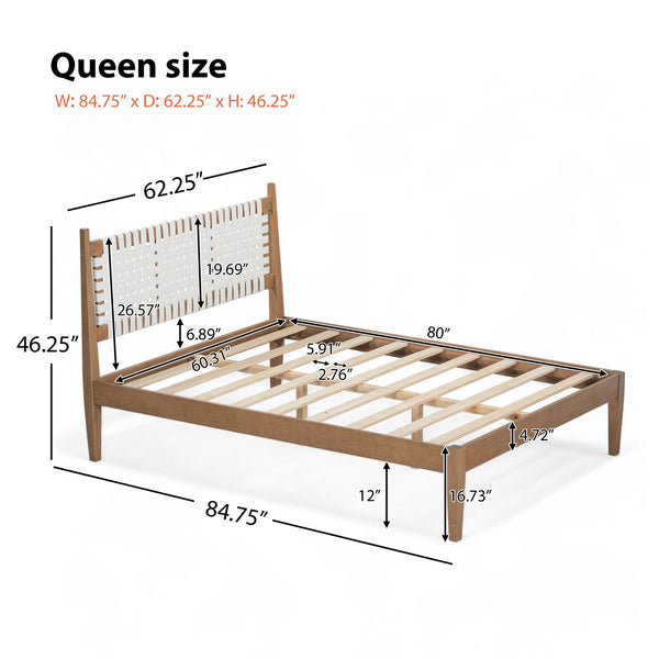 English Elm Christopher Knight Home® - Queen Upholstered Leather Headboard Bed Frame with Solid Wood Slats, Mid-Century Modern Support, No Box Spring Needed White+Natural N758D928283N