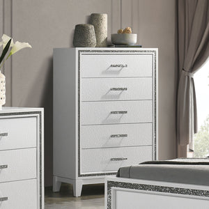 English Elm Contemporary Chic Chest with Gold Accents, Acrylic Trim, Metal Bracket Legs and Dust‑Proof Drawers White 21 L x 35 W x 49 H B2741P372211