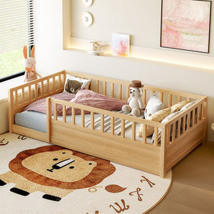 English Elm Twin Montessori Floor Bed Solid Pine Frame with Safety Fence Door for Kids Play Space Natural W1858P382399
