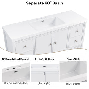 English Elm 60" Freestanding Bathroom Vanity Fluted Fronts Soft Close Drawers Drop-in Sink White N817P404100W