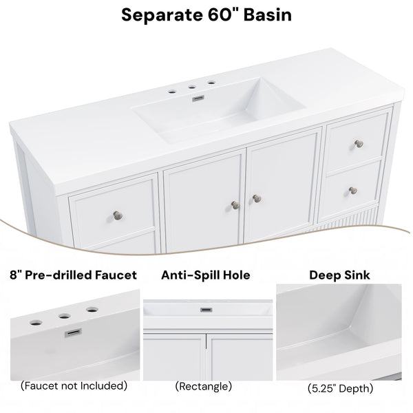 English Elm 60" Freestanding Bathroom Vanity Fluted Fronts Soft Close Drawers Drop-in Sink White N817P404100W