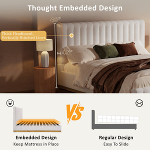 English Elm King Upholstered Bed Linen Channel Stitch Tall Headboard Solid Wood Slatted Base N757K339014I