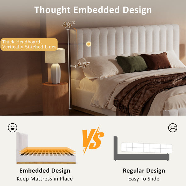 English Elm King Upholstered Bed Linen Channel Stitch Tall Headboard Solid Wood Slatted Base N757K339014I