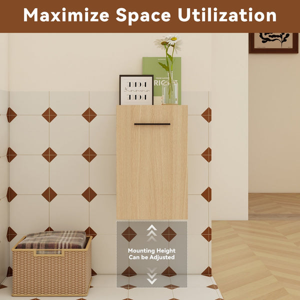 English Elm 12" Wall-mounted Oak Plywood Bathroom Linen Cabinet Slim Floating Single Door Storage W3450P440600