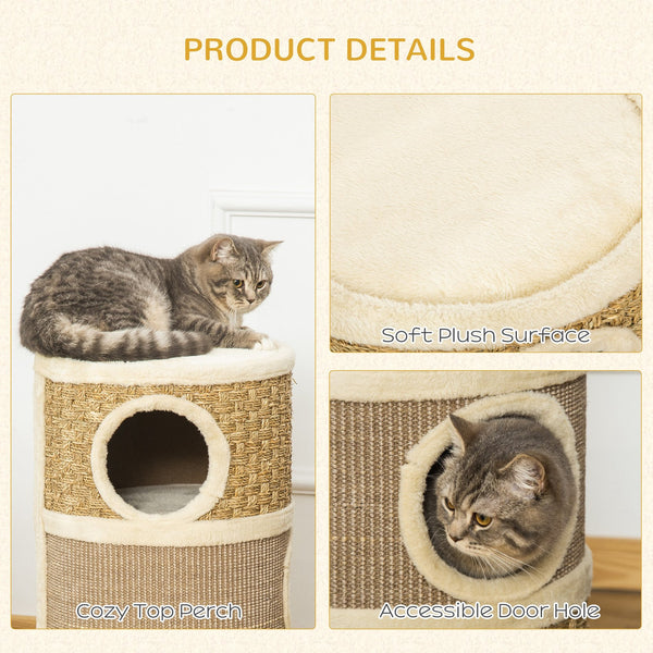 English Elm PawHut 3-Story Cat Condo Barrel House with Sisal Scratcher, Plush Lined Hideaway for Indoor Cats W2225P229193