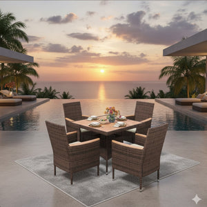 English Elm 5-piece Outdoor Dining Set Pe Rattan Armchairs with Acacia Wood Square Table Brown B082S00066
