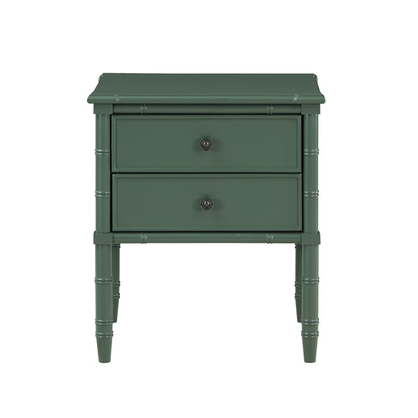 English Elm Emmett carved bamboo nightstand with 2 full‑extension drawers, brass knobs and floor‑protecting glides Antique Green B050P376942