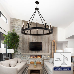 English Elm 12-light Wagon Wheel Chandelier Black Iron Rustic Farmhouse Fixture for Dining Rooms W2991P406726