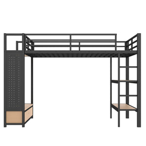 English Elm Queen Loft Bed Frame With Wardrobe & Shelves - Modern Metal Design For Space-Saving Storage & Work W1580S00233-GIGA