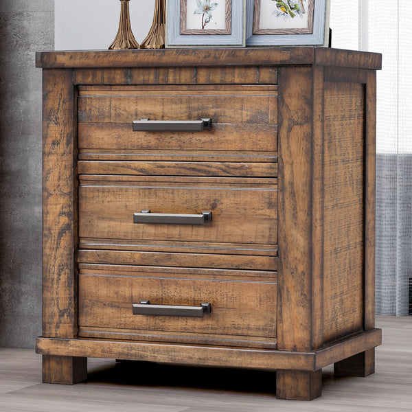 English Elm Rustic Reclaimed Pine Three Drawer Nightstand with Wrought Iron Pulls Farmhouse Bedroom N701P455591D