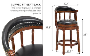 English Elm Seat 26" Cow Top Leather Swivel Bar Stool With Back - Rustic Wooden Chair For Kitchen & Dining W2195P331496-GIGA