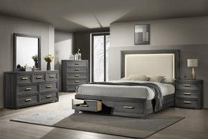English Elm Colorado King Bedroom Set with Led Upholstered Headboard and Charcoal Wood Finish B009S02323